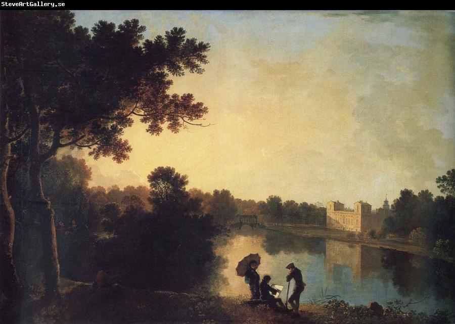 Richard  Wilson View from the South-east with the house and bridge beyond the lake and basin